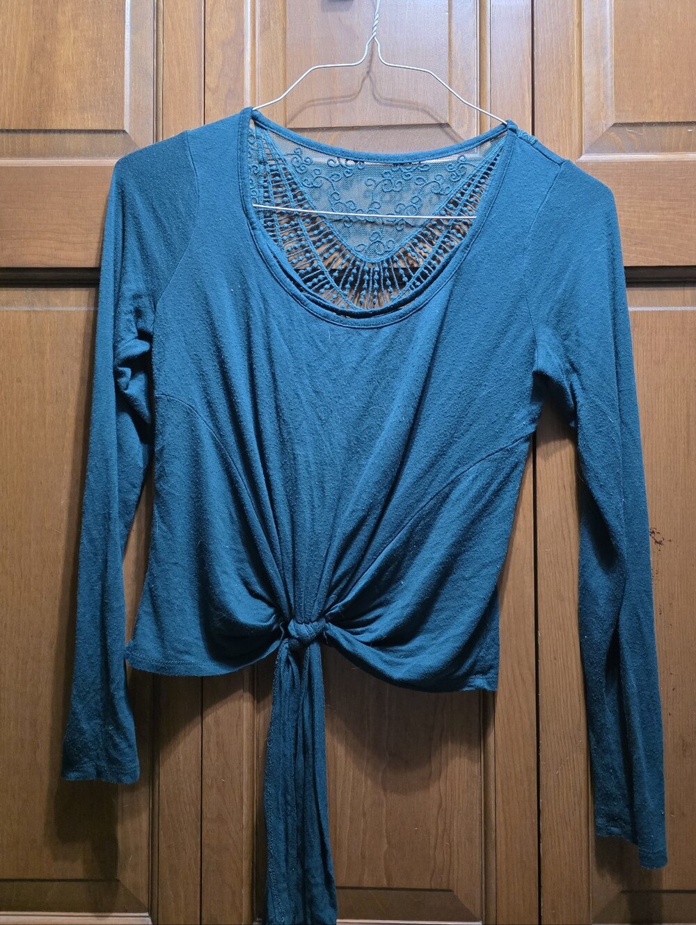 Long Sleeve Teal Tie-Front Women's Top with Lace Yoke